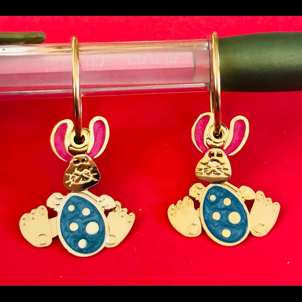 Contemporary Vintage Gold Tone Hoop and Easter Bunny Pierced Earrings